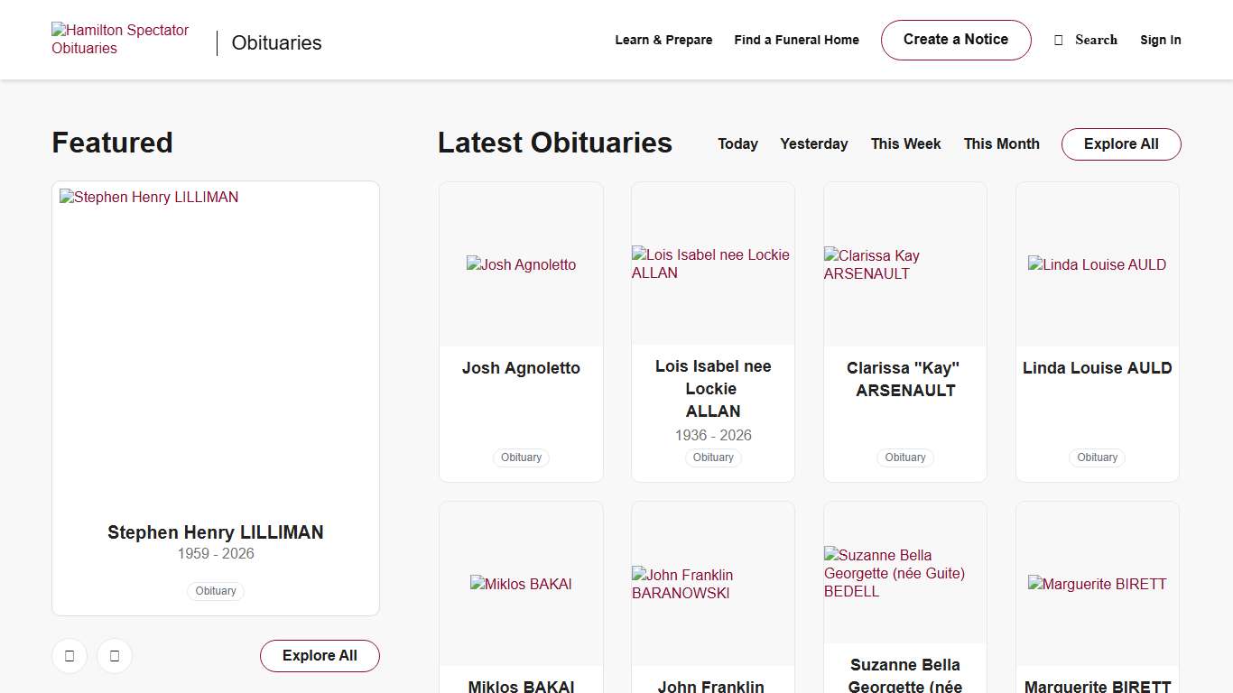 Obituaries Hamilton Spectator